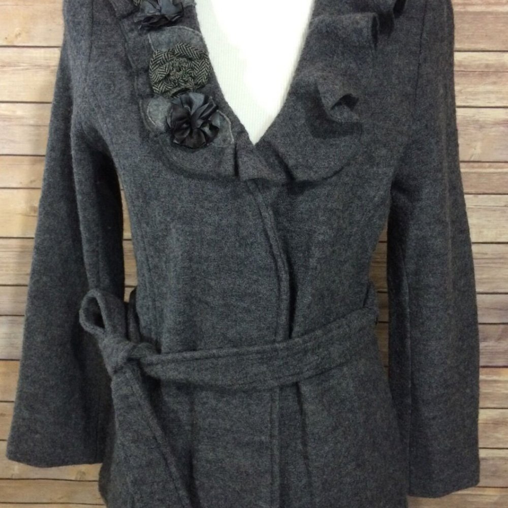 Cynthia Rowley Belted Grey Jacket  w/ Floral Ruffle Size PM